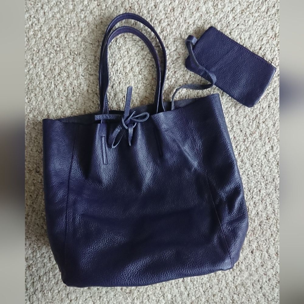 purple Italian Artisan Leather shopper bag with pouch